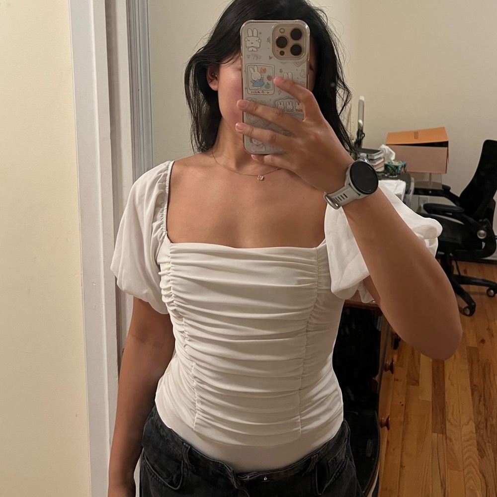 Forever 21 White Ruched Women's bodysuit